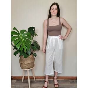 White High Rise Cotton Linen Blend Cropped Wide Leg Pants Womens Medium